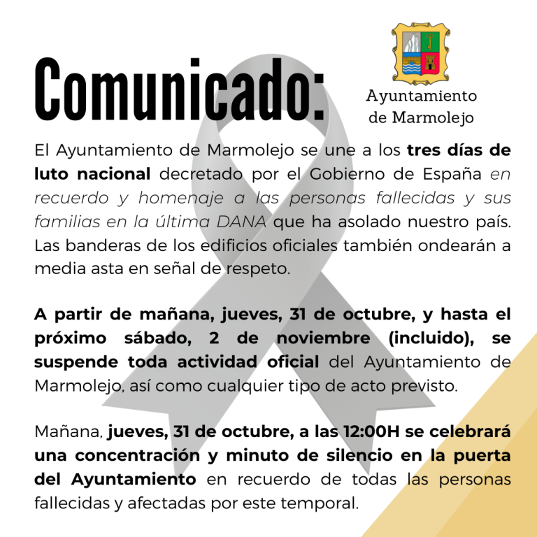 Comunicado del Ayuntamiento de Marmolejo con motivo de los tres días de luto nacional por las víctimas de la DANA