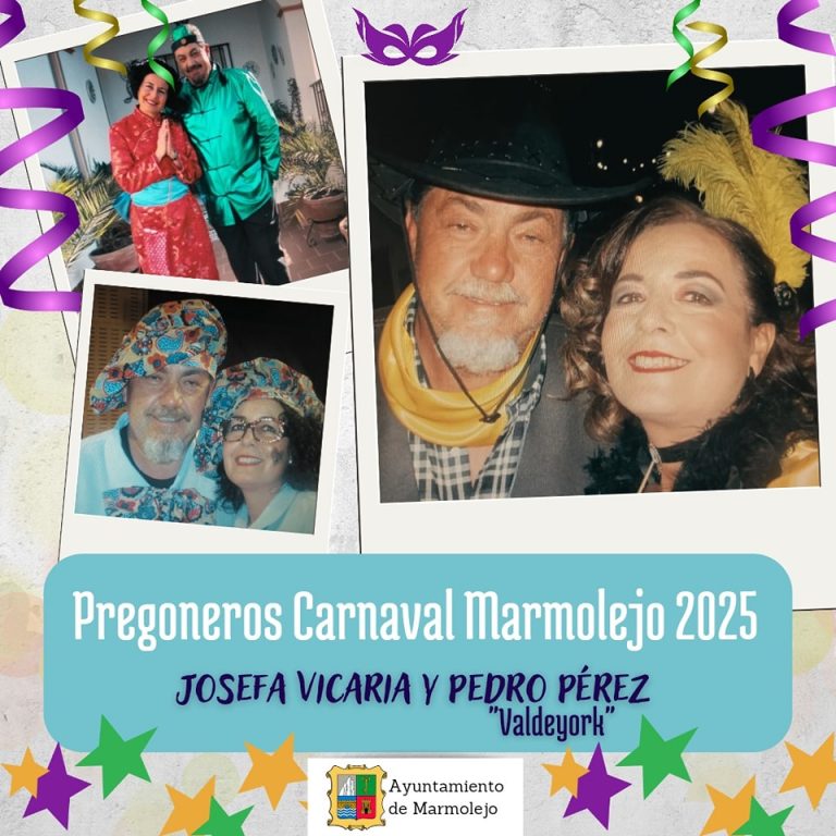 El Ayuntamiento de Marmolejo nombra a Josefa Vicaria y Pedro Pérez, Pedro Valdeyork, pregoneros del Carnaval 2025